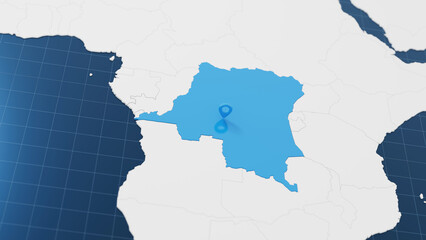 Fototapeta premium Blue Democratic Republic Of Congo 3d map with pointer pin surrounded with other countries in white. Political map with borders. 3d render illustration