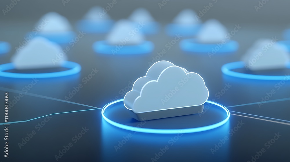 Poster digital cloud technology networks representing data storage and information sharing with blue glow e