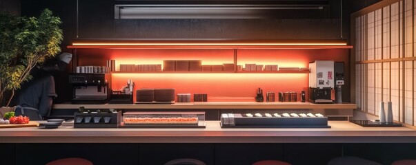 Obraz premium A Japanese sushi bar with chefs preparing fresh sushi behind the counter, 4k photo.