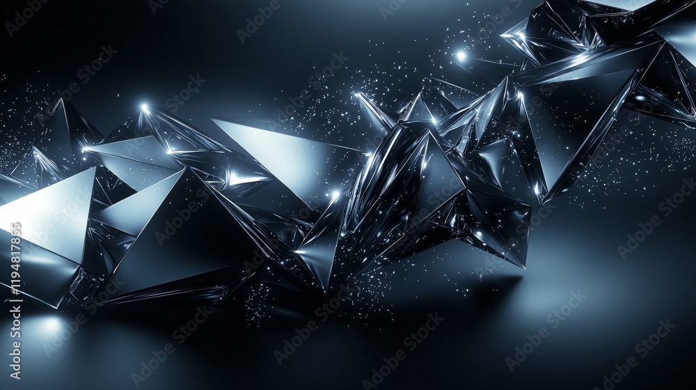 Poster abstract geometric shapes with shiny surface and glowing particles
