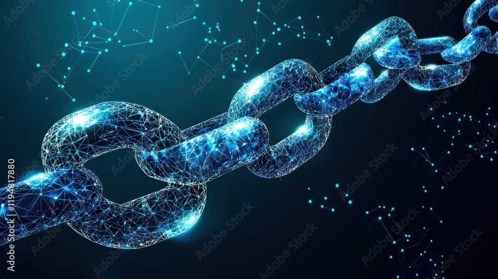 Poster a digital representation of interconnected chains symbolizing technology.
