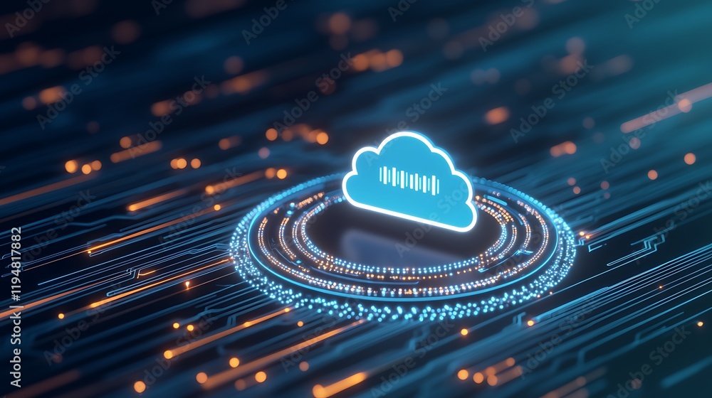 Poster digital cloud technology with data circuits and abstract neon lights in futuristic background