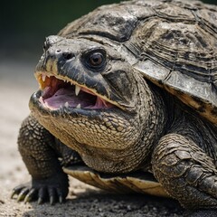 A snapping turtle with its mouth open, white background.


