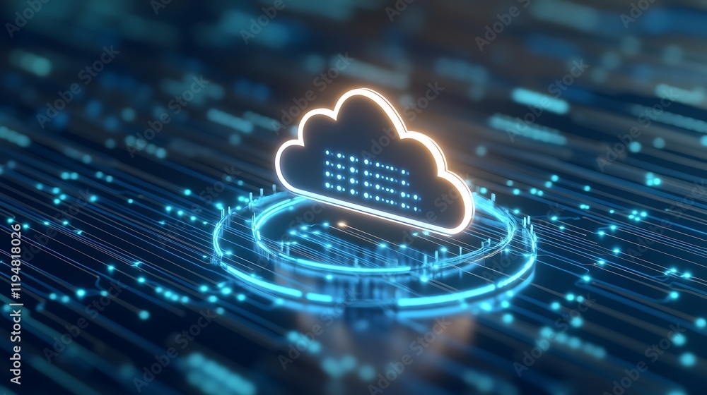 Poster digital cloud technology with glowing lines representing data transfer and storage in a futuristic e