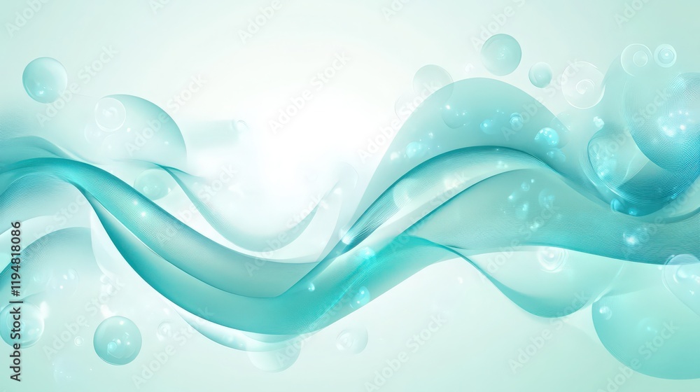 Poster abstract teal wave background with transparent bubbles floating around it