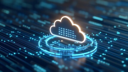 Digital cloud technology with glowing lines representing data transfer and storage in a futuristic environment