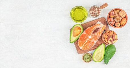 Food sources of omega 3 and omega 6 vegetables, seafood, nut and seeds on white background. Healthy...