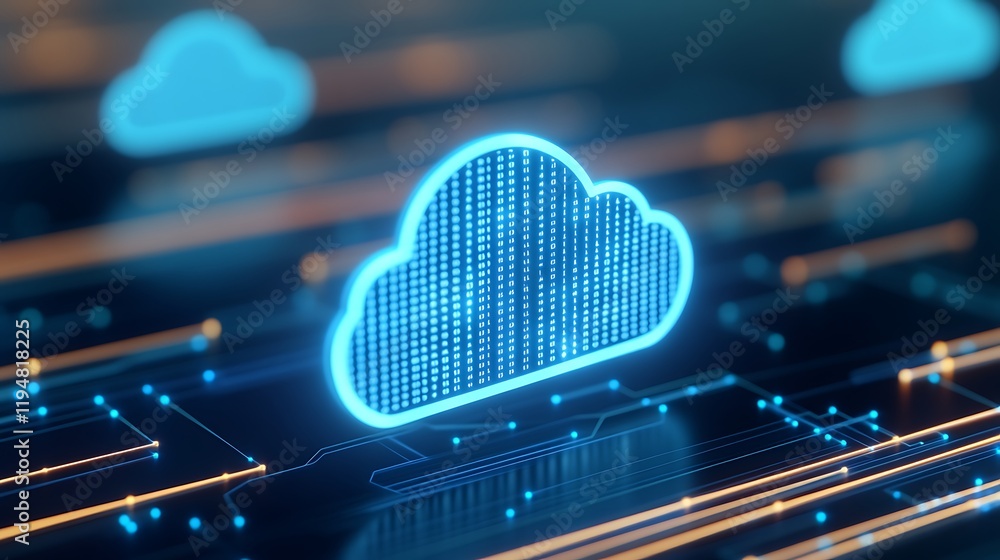 Poster digital cloud with data streams on a futuristic technology background in neon colors