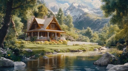 Naklejka premium A charming riverside house with a wraparound porch and a white picket fence by a gentle stream.