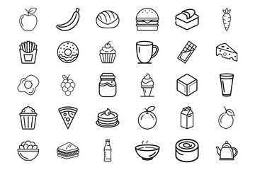 Line Art Icons Representing Food, Drinks, Desserts, and Snacks for Healthy Eating and Menu Creation