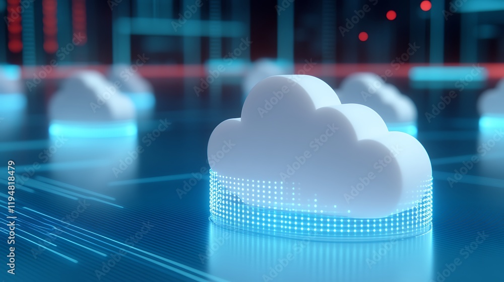 Poster digital clouds with blue neon lights on a futuristic background representing cloud computing technol
