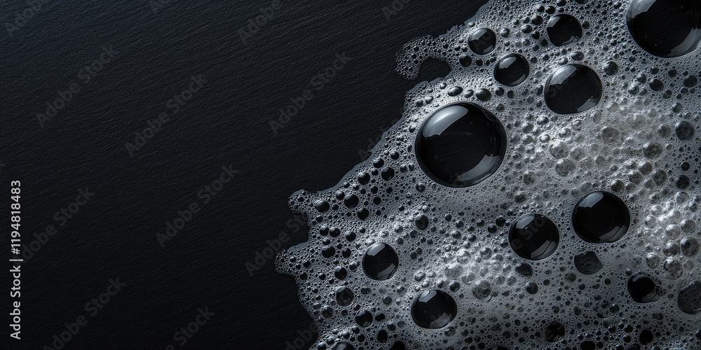 Poster black background showcasing a cluster of shiny soap bubbles in various sizes positioned in the upper