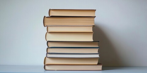 Stack of brown hardcover books arranged vertically on a simple gray shelf against a light beige wall with space for additional content above