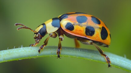 Fototapeta premium A detailed macro image of a colorful ladybug crawling on a blade of grass, with a softly blurred background enhancing the focus on the insect. 