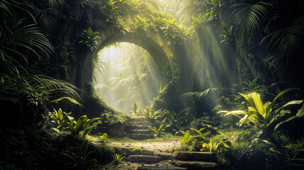 Obraz premium Sunlight streams through a circular stone opening in the jungle, illuminating dense tropical foliage and moss-covered stones, creating a serene, magical atmosphere - Generative AI
