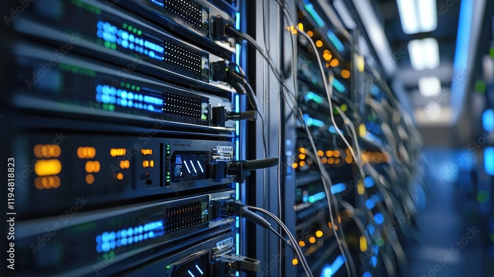 Poster illuminated data center, servers and network infrastructure
