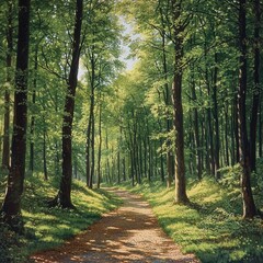 Obraz premium A serene forest pathway surrounded by lush green trees and sunlight filtering through.