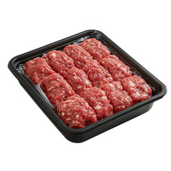 Fresh Ground Meat in Black Tray Ready for Cooking Isolated on transparent background