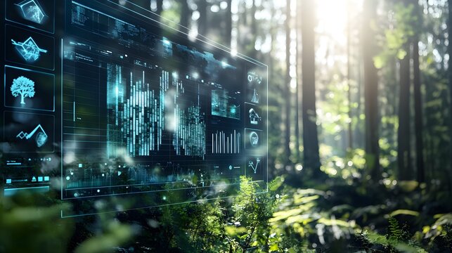 A digital dashboard displaying resource allocation for carbon-neutral projects, overlayed with visuals of forests and renewable energy icons. 