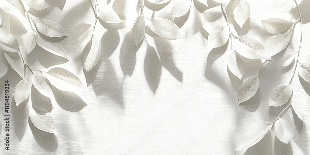 Poster white leaves casting soft shadows on a light beige background, creating a calming and minimalistic n