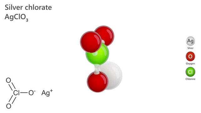 Silver Chlorate. Animated 3D model of a molecule. Molecular formula: AgClO3. Chemical model: Ball and sticks. White background. 3D rendering. Seamless loop.