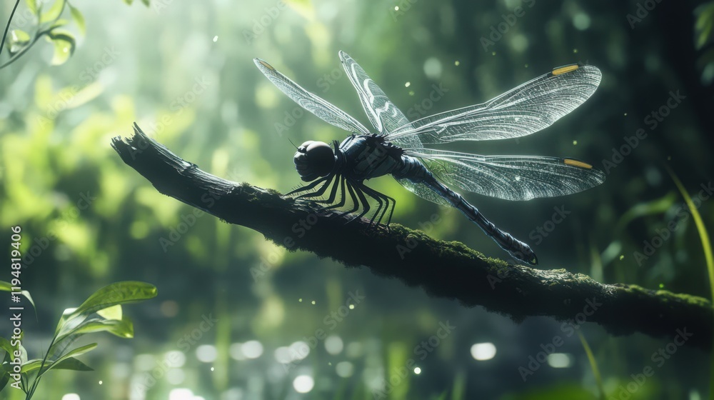 Poster a detailed close-up of a dragonfly resting on a branch in a forest