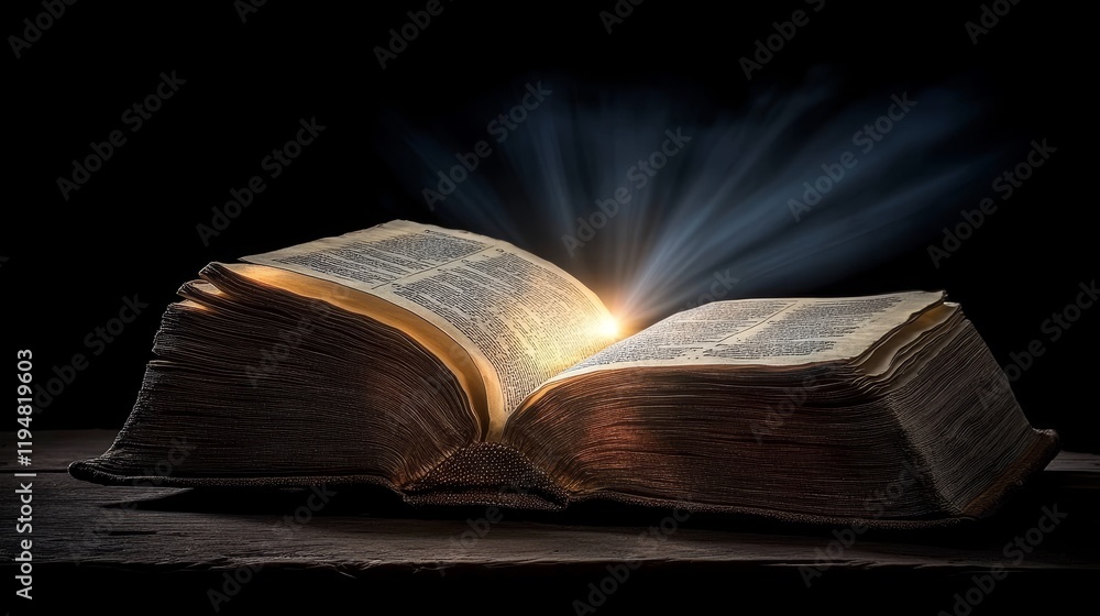 Poster open ancient book with glowing pages and mystical light on a rustic wooden table in the dark