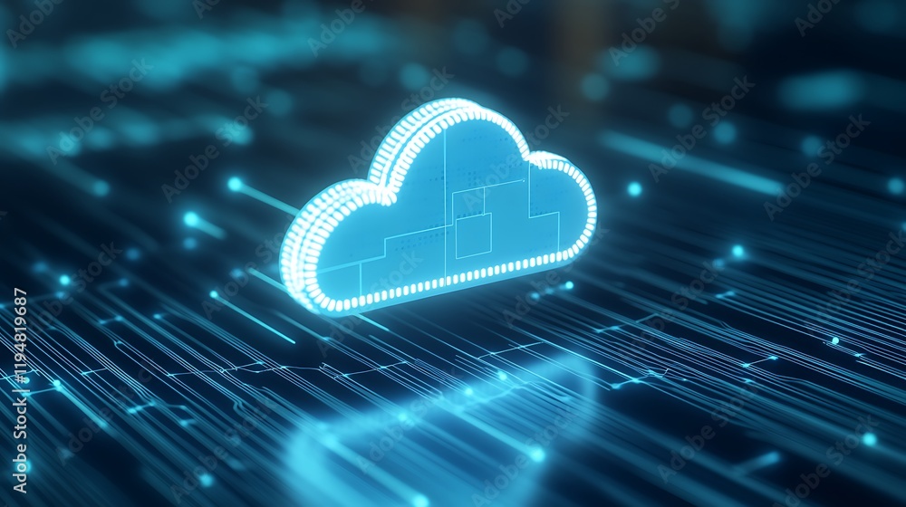 Poster futuristic blue illuminated cloud symbol on abstract digital data background with glowing lines and 