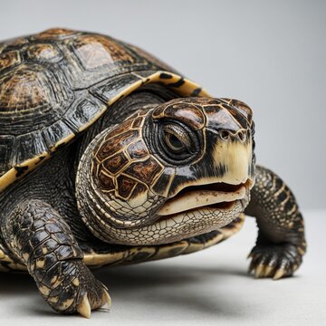 A turtle with intricate patterns on its shell, white background.

