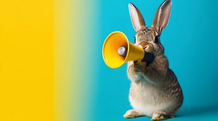 Cute Rabbit Shouting Announcement Communication With Yellow Megaphone On Blue And Yellow Background