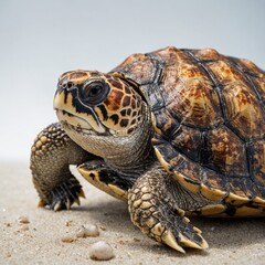 Obraz premium A loggerhead turtle with barnacles on its shell, white background.