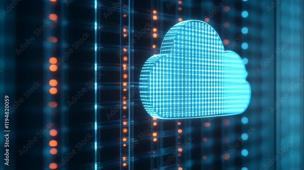 Poster futuristic cloud computing concept with bright neon lights and data streams on digital background