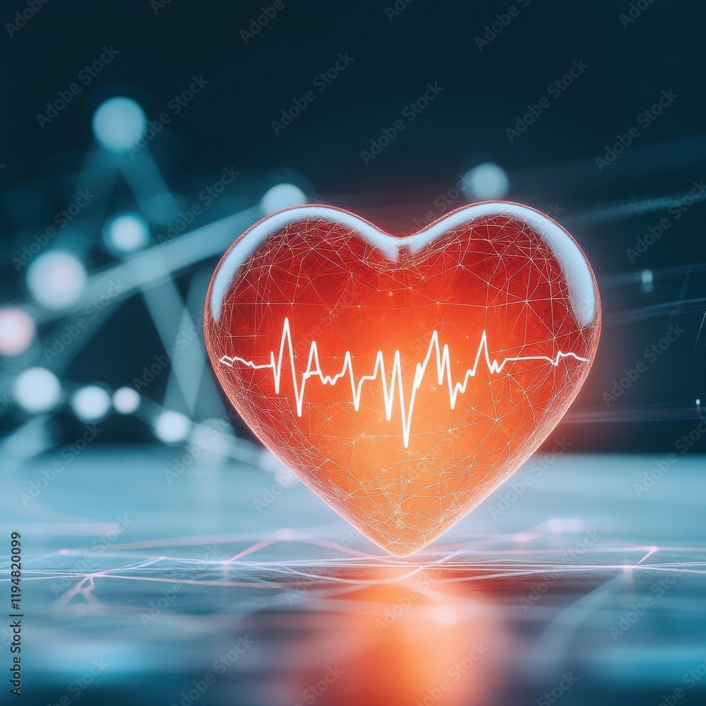 Aufkleber Glowing red heart illuminating dynamic cardiogram against a digital background in a modern healthcare visualization. Generative AI