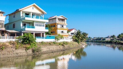 Fototapeta premium Colorful houses by a calm river