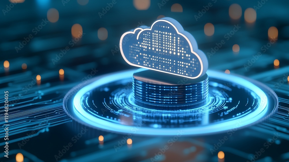 Poster futuristic cloud computing concept with data circuits and digital background in blue and orange tone