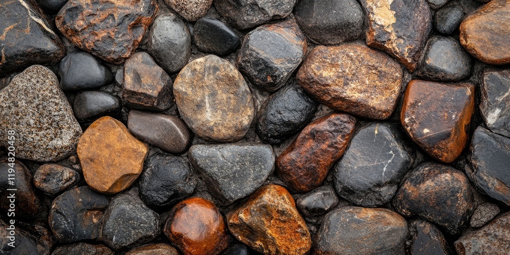 Poster textured background of various brown and black round stones with glossy surface arranged closely, id