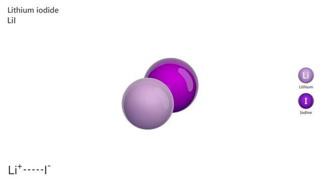 Lithium Iodide. Animated 3D model of a molecule. Molecular formula: LiI. Chemical model: Ball and sticks. White background. 3D rendering. Seamless loop.