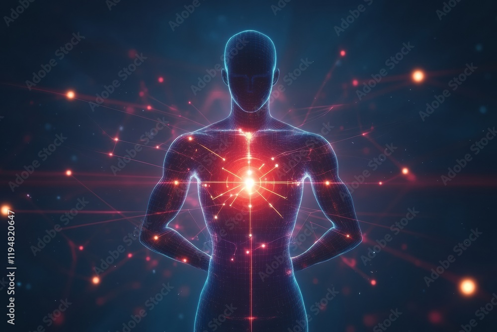 Aufkleber glowing human torso with radiant energy at the center and a dynamic display of light in a dark envir