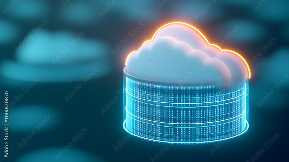 Poster futuristic cloud computing concept with data storage visual in brilliant neon glow over dark tech ba