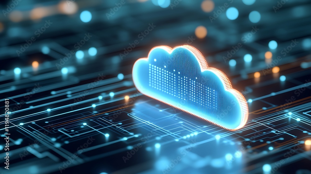 Poster futuristic cloud computing concept with data transmission in digital network technology visualizatio