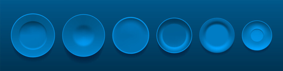 Set of realistic table plates, top view