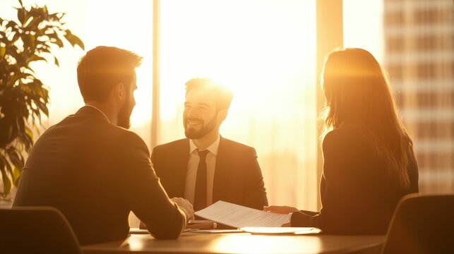 Business meeting between smiling bankers in a vibrant office at sunset professional environment collaborative atmosphere