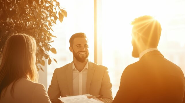 Dynamic business meeting modern office smiling banker bright environment professional interaction collaboration concept