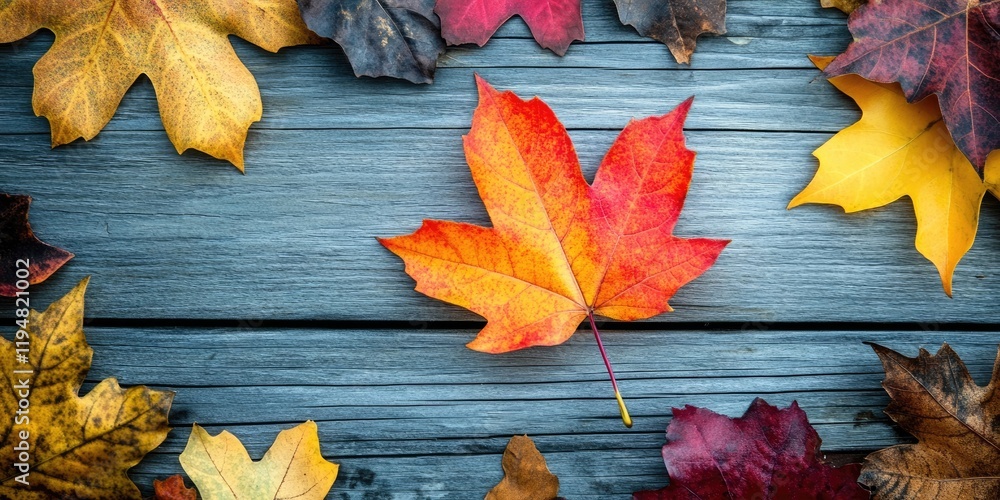Poster vibrant red maple leaf surrounded by colorful autumn leaves on a textured dark wooden background cre
