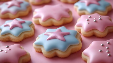 Colorful Star-Shaped Cookies with Pink and Blue Icing Decorated with Silver Spheres on a Pink Background for Sweet Celebrations and Events