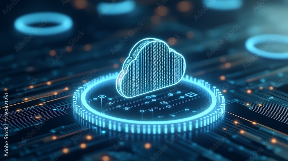 Poster futuristic cloud computing concept with digital circuit background and neon glow effects
