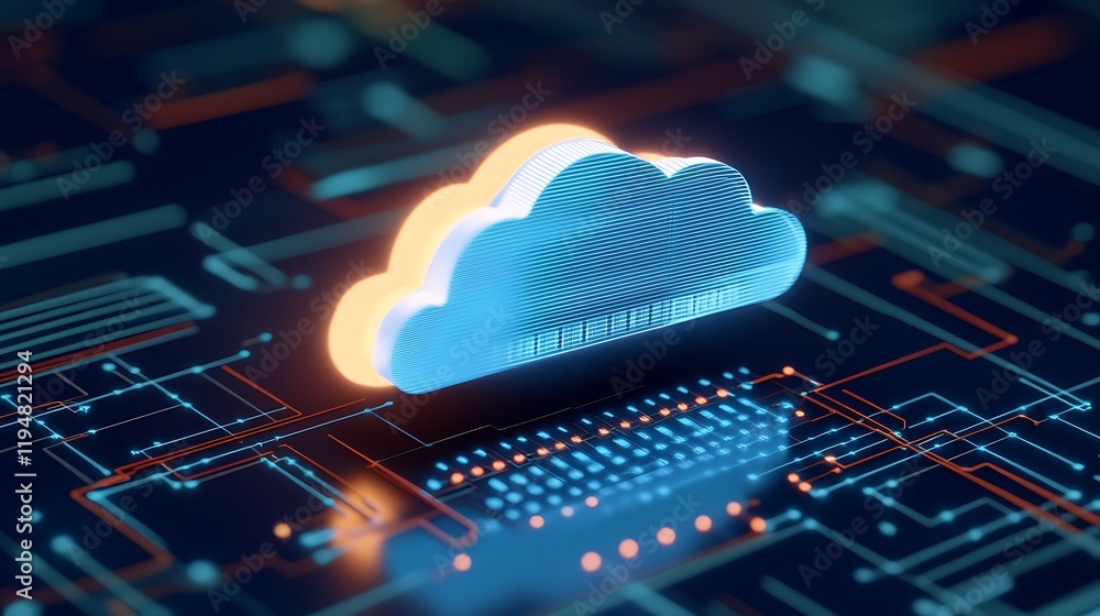 Poster futuristic cloud computing concept with digital circuit background and vibrant glow effect