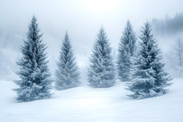 Naklejka premium Winter Wonderland: Serene Snow-Covered Pine Trees in Foggy Landscape for Seasonal Design