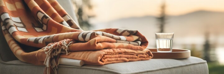 Folded orange blanket with glass of water on wooden tray and serene landscape