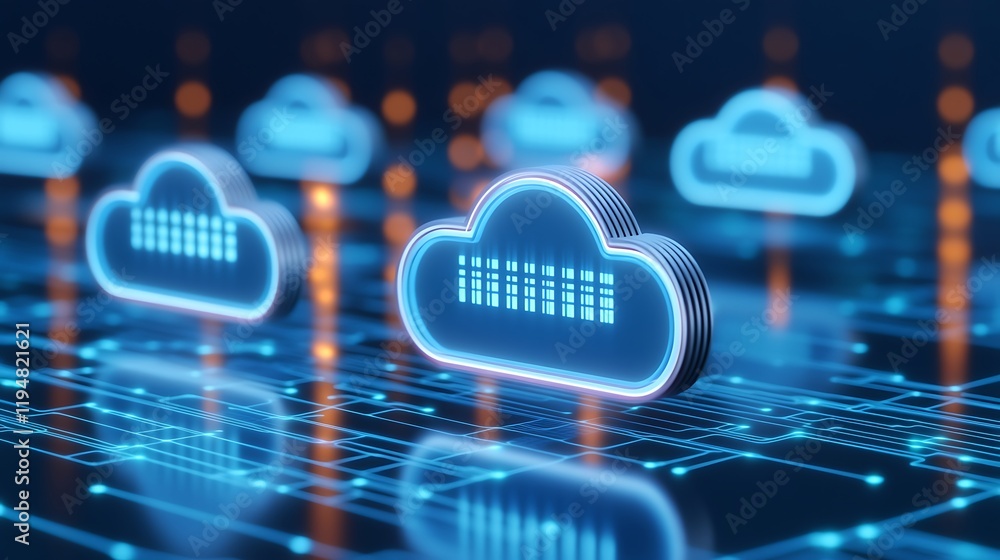 Poster futuristic cloud computing concept with digital circuitry and neon cloud icons on technology backgro